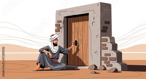 Middle Eastern Man at Stone Doorway in Desert Landscape Illustration