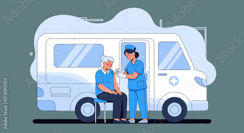 Mobile vaccination unit administering vaccine to elderly woman, emphasizing accessibility and