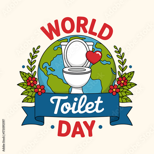 Celebrating World Toilet Day Sanitation Hygiene and Global Health Awareness with a Cute Toilet Design Surrounded by Earth and Floral Elements