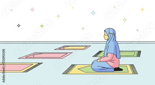 Muslim woman wearing mask prays on rug in mosque, islamic worship during pandemic, spiritual