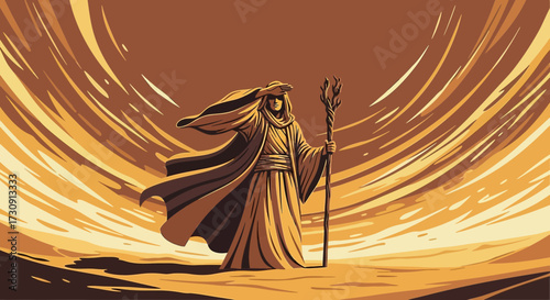 Mystical figure in desert landscape, wearing robes and holding a staff searching the desert