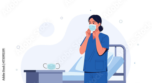 Nurse in scrubs putting on a surgical mask in hospital setting illustration