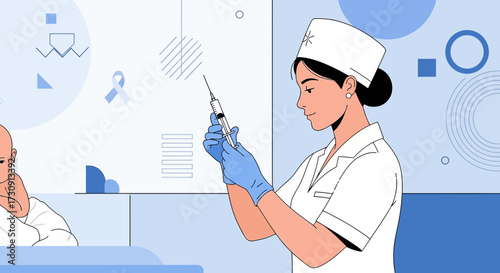 Nurse preparing vaccination syringe for newborn baby with medical care in hospital scene