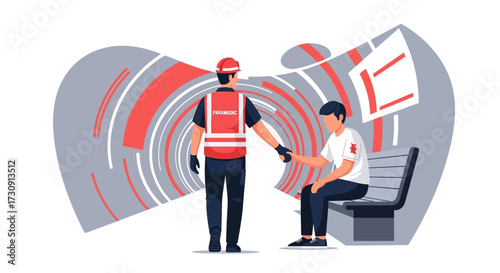 Paramedic provides support to a patient in need during an emergency situation portrayed in vector