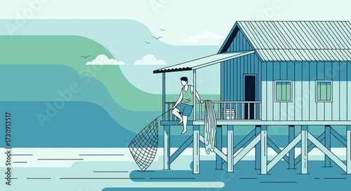 Peaceful fishing scene with man standing on stilt house in a tranquil setting depicting lifestyle