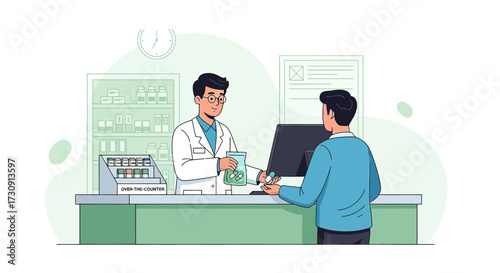 Pharmacist dispensing medication to a customer in a pharmacy setting illustration
