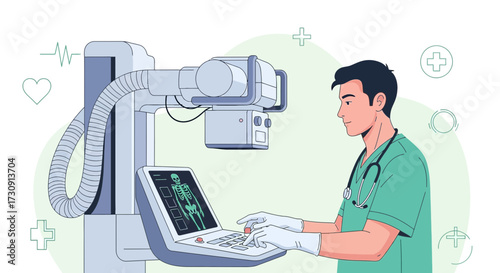 Radiologist doctor analyzing x-ray image of human skeleton on computer in hospital for diagnosis