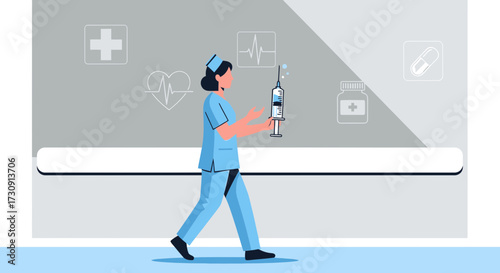 Professional nurse walking with injection syringe in hospital healthcare environment showing