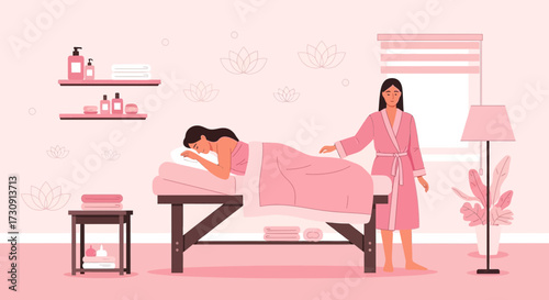 Relaxing spa day illustration showcasing tranquility and wellness promotion with a feminine touch