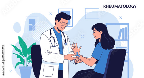 Rheumatology consultation: Doctor examines patient's hand for joint issues with care