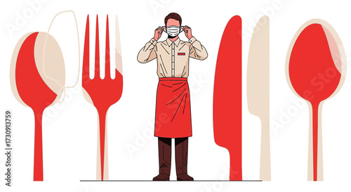 Restaurant worker wearing mask, service safety during pandemic and health measures