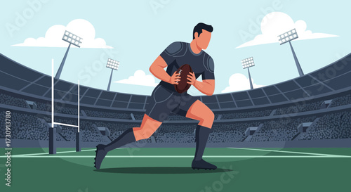 Rugby player running with ball in stadium illustration showcasing athleticism and teamwork