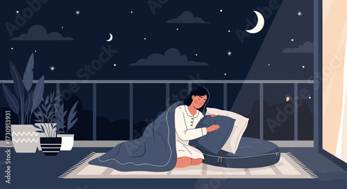 Serene night scene: woman sleeping under blanket on balcony with moon and stars backdrop