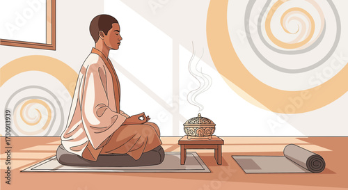 Serene meditation: A peaceful monk meditating indoors with incense and yoga mat