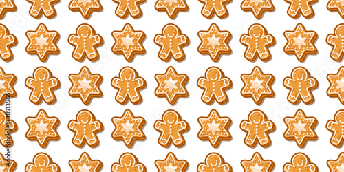 Seamless Gingerbread Cookie Pattern. Gingerbread cookie seamless pattern in cartoon flat style with gingerbread men and star shapes on white background.