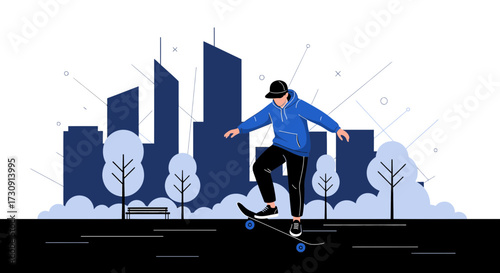 Skateboarding through the cityscape, a stylish urban vector illustration of youth culture and