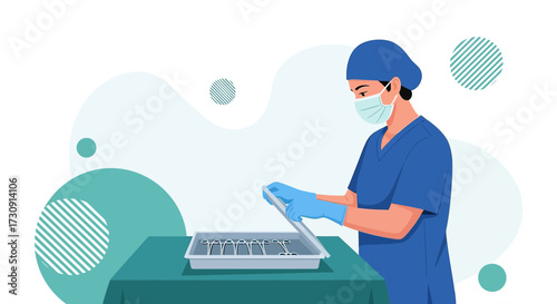 Surgeon preparing surgical instruments with sterile tools in a surgical setting for operation