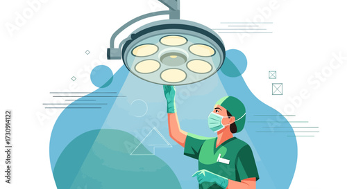Surgical team member adjusting surgical lighting equipment in an operating room preparing for a