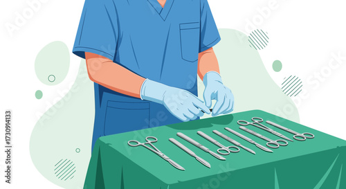 Surgical preparation vector illustration, surgeon with sterile tools on a table preparation for