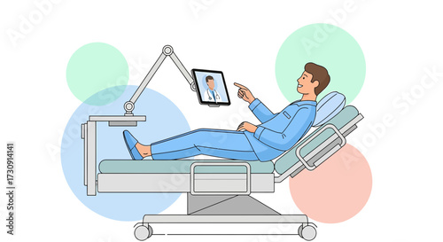 Telemedicine illustration featuring a patient consulting with a doctor online from a hospital bed