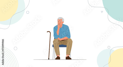 Thoughtful senior man sitting on a chair with a cane, contemplating his life experiences