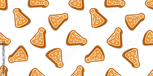 Seamless Gingerbread Hat Pattern. Gingerbread cookie seamless pattern in cartoon flat style with party hat shapes and white icing on white background.