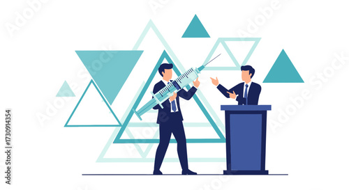 Vaccine debate concept with businessman holding oversized syringe and other talking
