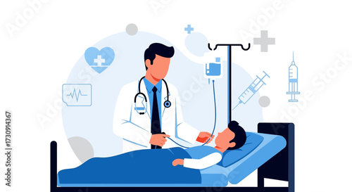 Vector illustration of a doctor checking on a patient in a hospital bed depicting medical care and