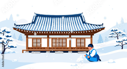 Winter in Korea: A Child Builds a Snowman in front of a Traditional House