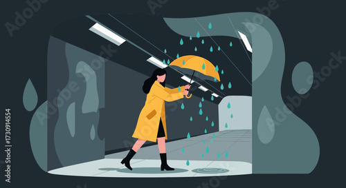 Woman in yellow raincoat walking under rain with umbrella in tunnel illustration