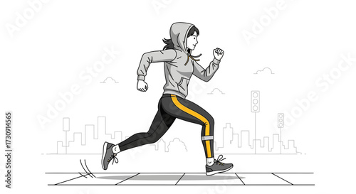 Woman jogging in the city wearing a hoodie and sports leggings for healthy lifestyle routine