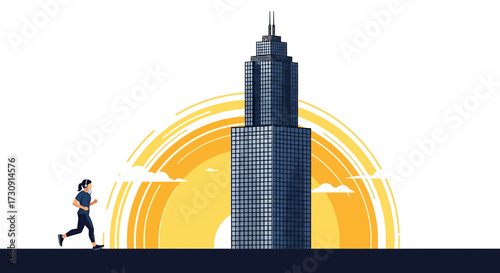 Woman jogging in city with skyscraper silhouette and sun illustration for wellness