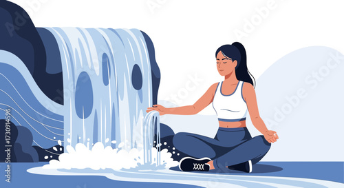 Woman meditating by a serene waterfall landscape, finding peace and tranquility in nature