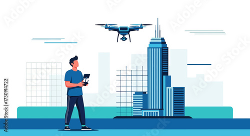 Young man operating a drone with a remote controller over a stylized cityscape backdrop