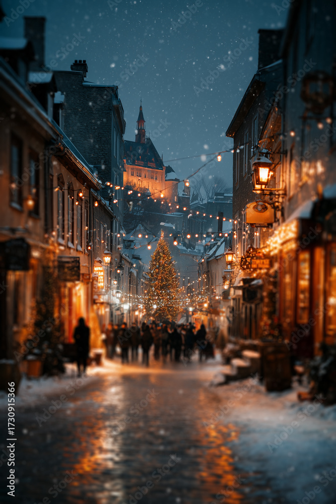 Naklejka premium Festive crowd gathers around a glowing Christmas tree on a snowy cobblestone street in a historic city at dusk