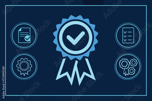 Award ribbon with checkmarks and gears representing quality verified