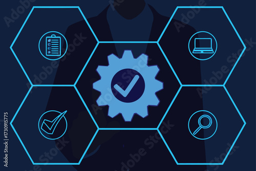 Business icons in hexagons around a gear with checkmark strategy process