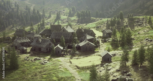 Tableau sur toile A peaceful village is located in a mountainous area with rustic buildings