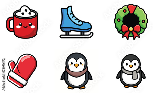 Festive Winter Icons Hot Cocoa, Ice Skate, Wreath, Mitten & Penguin Set