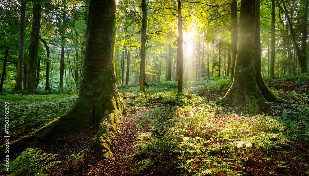 Obraz premium A Breathtaking Forest Scene Sunlight Bursts Through The Trees Illuminating The Leaves Below Great For Wallpaper Or Artistic Prints