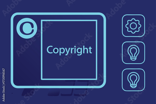 Copyright Symbol And Word On Screen With Gear And Lightbulb Icons vector illustration