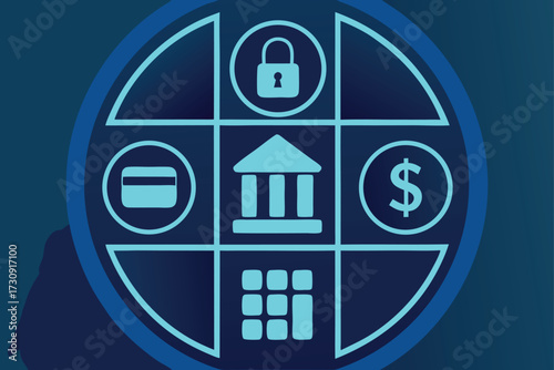 Financial Technology Icons Bank Credit Card Dollar and Calculator finance banking