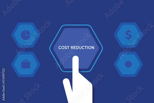 Finger clicks cost reduction button with icons for pie chart briefcase dollar and circle hand