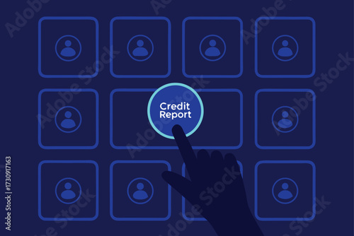 Finger presses credit report button surrounded by user icons on dark blue background hand pressing