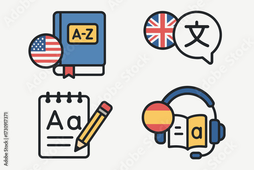 Collection of icons representing language learning and translation services