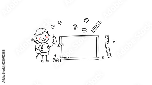A cheerful child holding a pencil stands next to a blank chalkboard with school supplies.