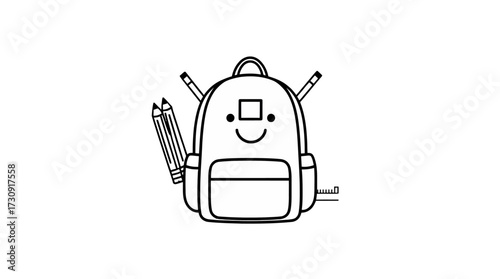 Line art illustration of a backpack with a smiling face, holding pencils and pens.