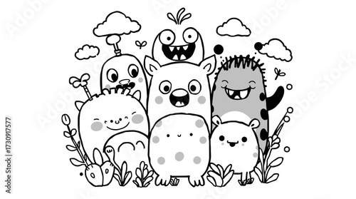 A whimsical gathering of cartoon monsters with various shapes and expressions, surrounded by clouds and foliage.