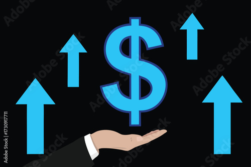 Hand holding dollar sign with blue arrows pointing upwards on black background currency