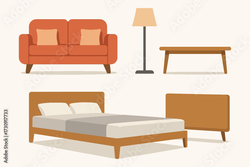 Collection of modern flat design furniture including a sofa bed lamp and table